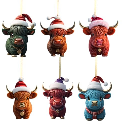 Walopola 6 Stück Kuh Weihnachtsschmuck 2D Acryl Cartoon Kuh Dekorative Ornamente Kuh Anhänger Hochlandkuh Weihnachtsanhänger Hochland Kuh Auto Anhänger Christbaumschmuck Figuren