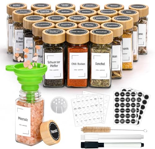 MallCreaty Gewürzgläser Eckig,Gewürzdosen 24er Set mit Bambusdeckel,120 ml Gewürzstreuer Spice Jars Gewürzbehälter mit Trichter und Gewürzetiketten,Gewürze organizer,Gewürze Aufbewahrung