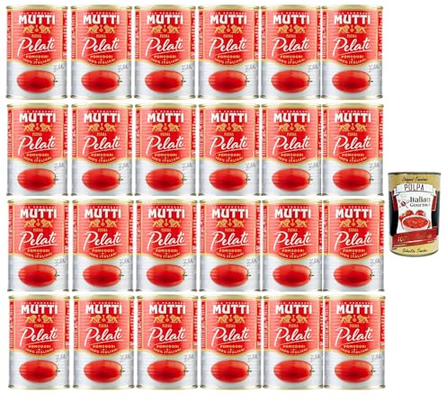 Italian Gourmet Pomodori Pelati 24 x 400g, geschälte Tomaten in Dose, ganz | Interi e succosi; sonnengereift, praktisch für Saucen, Pizza, Ragù und, Gesamtnettogewicht 9,6 kg + Kostenlos Polpa 400g