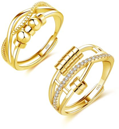 Glintara 925 Sterling Silber Anxiety Ring, 1 Paar Silber Angst Rings Set für Damen, Offen Verstellbar Spinner Fidget Ringe, Unisex Dekompressionsringe Stressringe mit Perlen Partnerringe gegen Stress