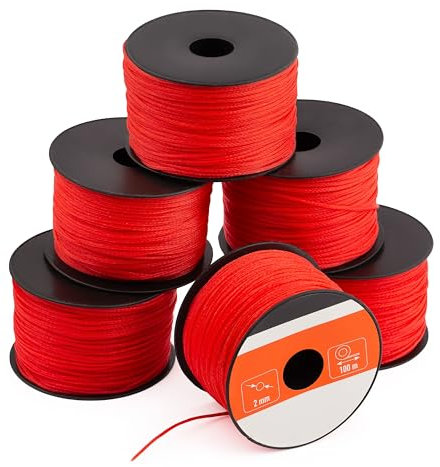 MIVOS Corda per muratori - Confezione da 6 Corda per muri 50 m, spessore 2 mm - filo a piombo rosso - Corda per edilizia - filo a piombo - Corda per pavimentazione durevole e resistente agli - 472N