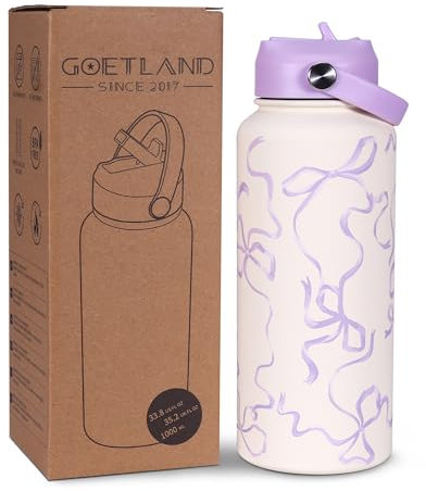 Goetland Schleifen Isolierte Trinkflasche Edelstahl 1l Wasserflasche mit Strohhalm Griff Doppelwandige Vakuumflasche Trinkbecher Auslaufsicher für Frauen und Männer Lavendel
