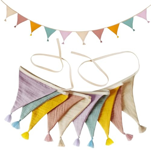 AUNHOKE 2,6m Wimpelkette Stoff Girlande Musselin für Kinderzimmer | Geburtstag Deko zum Aufhängen, Wanddeko für Party, Babyzimmer Hausbett Dekoration