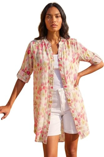 Roman Floral Print Longline Blouse for Women UK - Ladies Spring Everyday Summer Holiday V-Neckline Comfy Long Sleeve Soft Button Up Shirt Vacation Beach Tops
