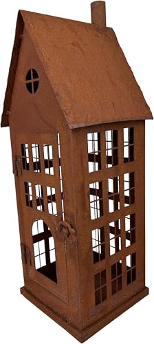 Rustikales Gartenhaus Windlicht aus Metall, Vintage Rost-Optik, 38 cm Höhe, Dekoratives Haus