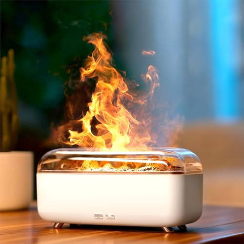 Caossuixin 3-in-1 Fireplace Diffuser with 7 Colour 3D Flame, 300ml Essential Oil Diffuser with Super Quiet and Timer Function, Waterless Auto-Off Humidifier for Home Office, Sleep Aid, Spa（White）