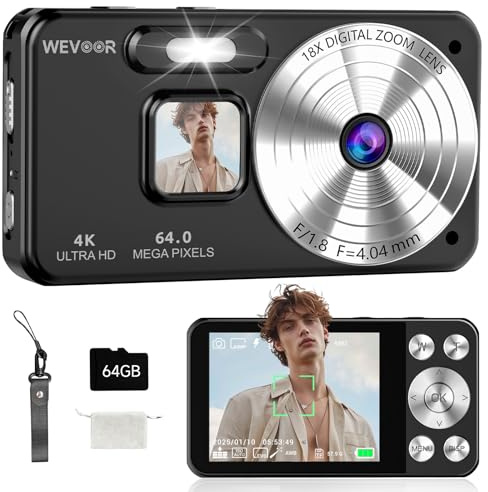 Macchina Fotografica Digitale 4K 64MP, Wevoor 64GB Fotocamera Digitale con 2,8” Schermo, Zoom Digitale 18x, 2000mAh Fotocamera Compatta, Digital Camera per Principianti Bambini Adolescenti - Nero