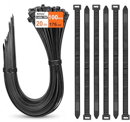 Amyu 100 Pack Cable Ties Heavy Duty 176 lbs, 500 x 8.8 mm Zip Ties Black, 20 inch Tie Straps Long, 50cm Long Self Locking Nylon Tie Wraps UV Resistant, Plastics Ties for Garden Workshop Indoor Outdoor