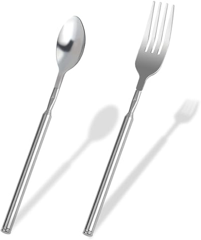 2 Stück Ausziehbare Gabel Löffel,Edelstahl Teleskopgabel Löffel mit Langem Griff,Einziehbare 22-65cm,Extra Langer Einstellbare Gabels Teleskoplöffel zum Ausziehen,für BBQ Toasten Obst Dessert Gemüse