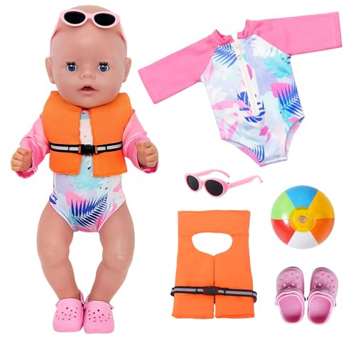Zouonou Schwimmset für Puppen, 5 Stück Puppenkleidung 43 cm mit Langarm-Strampler, Schwimmweste, Sonnenbrille, Schuhe und Kleinen Strandball(Ohne Puppe)
