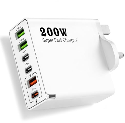 200W USB C Charging Station, 6 Port Fast Charger Plug with PD 100W/65W/45W/20W GaN III Multi USB-C Hub for McBook Pro 15/16/14, Smartphones and Tablets, Portable USB Multi Charger Plug for Home & Trav
