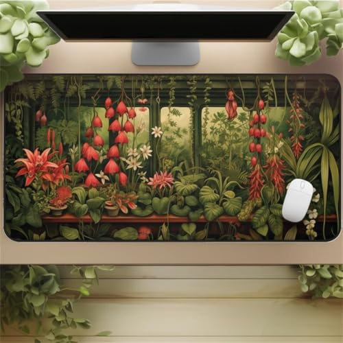 Alfombrilla Gaming XXL 1000x500mm, Alfombrilla Ratón Gaming con Base de Goma Antideslizante y Bordes Cosidos, Mouse Pad Duradera y Cómoda para Jugadores, PC y Portátil(Sala de Plantas)