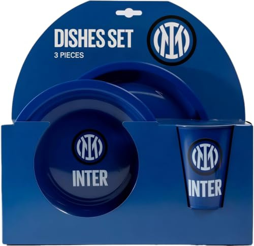 INTER - Set Piatti, Gadget Regalo Scuola - Idea Compleanno – Piatto Blu Piano e Fondo Bicchiere 260 ml in Plastica Rigida Lavabili adatti al Microonde