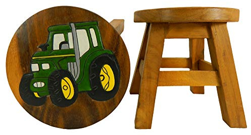 Children's Wooden Stool, Green Tractor Design - Handmade Acacia Wood - Small Chair, Footstool or Side Table - Nursery & Bedroom Decor - Fun Step Stool for Kids - Ideal Christmas & Birthday Gift