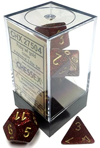 Chessex Glitter Polyhedral 7-Die Set - Ruby w/Gold