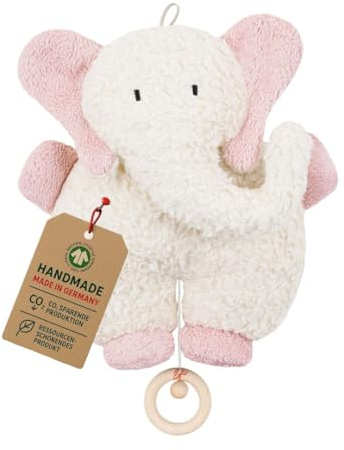 Efie Bio - Spieluhr Elefant rosa - kontrolliert biologischer Anbau (organic) - Made in Germany - GOTS zertifiziert – nachhaltig - Melodie Mozart (Schlafe mein Prinzchen schlaf ein)