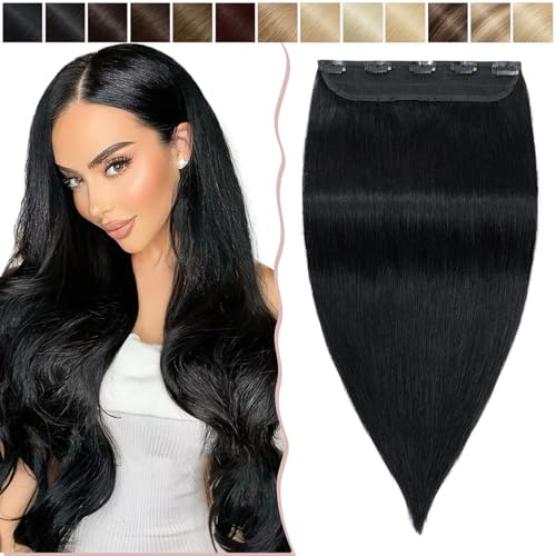SEGO Haarteil Clip in Extensions Echthaar DICKER Haarverlängerung 1 Tresse 5 Clips Human Hair Glatt Schwarz#1 16(40cm)-80g