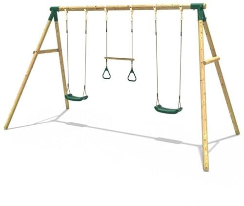Rebo® Children's Wooden Garden Swing Set - Comet | OutdoorToys | Pressure Treated Timber, Soft Feel Ropes, Trapeze Bar with Rings, Sturdy Construction for Kids