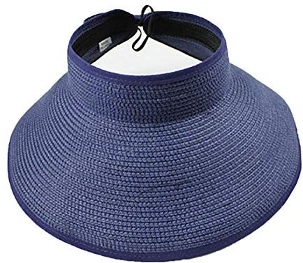 Ulalaza Visera de verano plegable de paja para mujer con bonito moño UPF 50+ plegable de ala ancha enrollable, sombrero de playa, azul marino, Talla única
