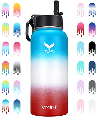Vmini Bouteille d'eau avec couvercle à paille à large poignée, large goulot isotherme en acier inoxydable 18/8, 946 ml, dégradé bleu + blanc + rouge