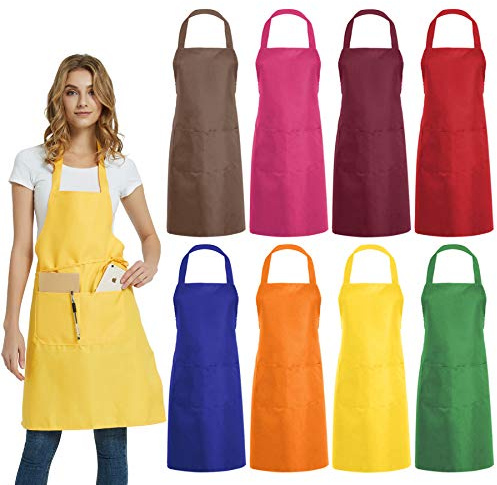 DUSKCOVE 8 Stück einfarbige Latzschürzen Großpackung – gemischte Farben, kommerzielle Schürze mit 2 Taschen für Küche, Kochen, Restaurant, Grillen, Malen, Basteln