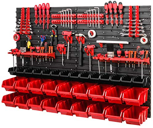 Lagersystem Wandregal 1152 x 780 mm, Werkzeughalterungen, 32 stck. Stapelboxen Schüttenregal Sichtlagerkästen, Extra Starke Wandplatten, Regal Erweiterbar, Werkstattregal Lagerregal Werkstattwandrega