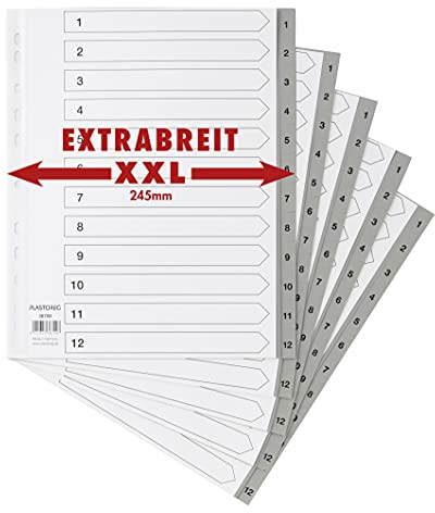 5er Set XXL 12-teiliges Register/Trennblätter extra breit aus PP, DIN A4+ mit Zahlen 1-12, volldeckend mit Deckblatt aus stabilem Papier. Trenn-Blätter überbreit für die Ordner-Organisation im Büro
