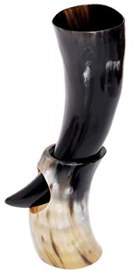 Brillibrum Gobelet design en corne de vache véritable poli avec poignée, motif viking - Chope à bière médiévale unique - 300 ml