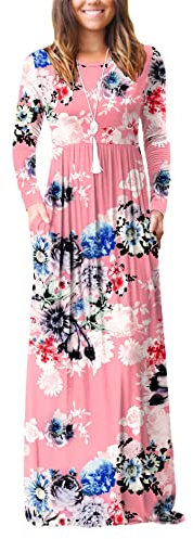PCEAIIH Women Long Sleeve Loose Plain Maxi Dresses Casual Long Dresses with Pockets (XL, Lo-Mix Pink)