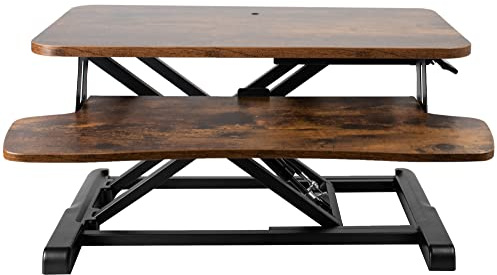 VIVO 65 cm Desk Converter, K Series, Height Adjustable Sit to Stand Riser, Dual Monitor and Laptop Workstation with Keyboard Tray, Rustic Vintage Brown Top, Black Frame, DESK-V026KN