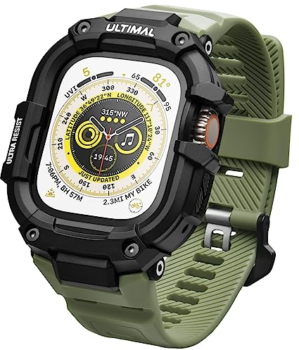 ULTIMAL Compatible with Apple Watch Strap Ultra 2/1 49mm, Rugged Military Grade Protective Bumper Cover, Adjustable Case with Band for iWatch Strap Men (49mm, Green)