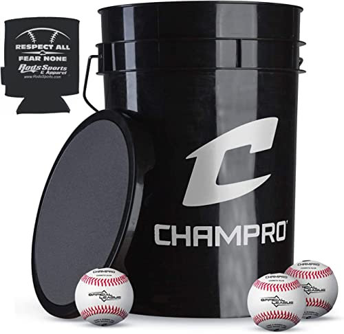 CHAMPRO CBB-200D Vollnarbenleder-Baseball-Abdeckung mit Kosmetik-Blem in einem schwarzen Eimer – 30 Bälle und eine Stangen-Dosenhülle enthalten