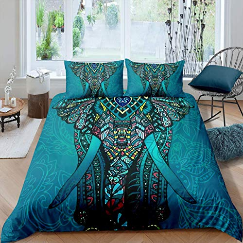 TAKOLI Bettwäsche 135 x 200 Elefant, Weiche Microfaser Böhmen Bettwäsche Set 2 teilig - Indisches Mandala Bettbezug & 1 Kissenbezüg 80x80, mit Reißverschluss