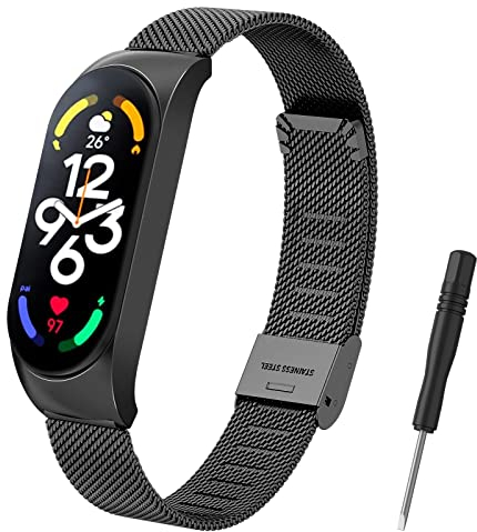 AK Armband Kompatibel mit Xiaomi Mi Band 7 Armband, Verstellbare Edelstahl Metall Ersatzarmband für Xiaomi Mi Band 7 mit Einstellwerkzeugen (Schwarz)