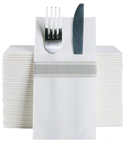 DADAWU Einweg-Servietten, Stoff, wie mit integrierter Bestecktasche, Hochzeit, Party, Leinengefühl, weiße Serviette, vorgefaltet für Besteck (Silber,50Stück)