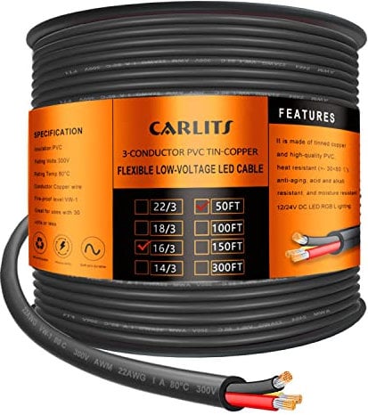 CARLITS 16 Gauge 3 Conductor 3x1.3mm² Electrical Wire, 50FT/15.24M 16 AWG Stranded Low Voltage 16/3 Cable Tinned Copper, Flexible Extension Power Cord for LED Lamp