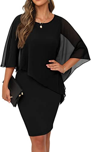 QIXING Damen Chiffon Cape Cocktialkleid Rundhals Ausschnitt Bleistiftkleid Sommerkleid Damen Knielang Elegant Abendkleid Mit Overlay Casual Bodycon Kleider (Schwarz, XL)