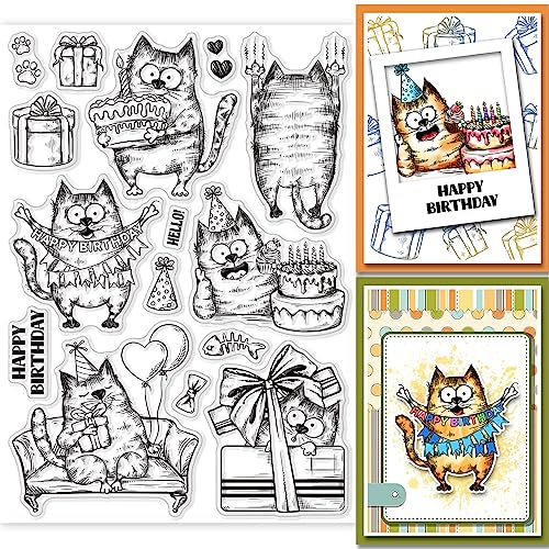 GLOBLELAND Klarer Stempel Zum Geburtstag Katzen Tier Sofa Katze Geburtstagstorte Silikon Klare Stempel Geschenkbox-Siegel Für DIY Scrapbooking Tagebücher Dekorative Karten Herstellung von Fotoalben