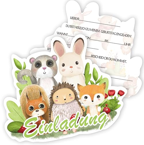Koboko 12x Einladungskarten Kindergeburtstag Mädchen Junge,Einladung zum Geburtstag Tierkinder,Safari-Tiere,für Kinderparty,Babyparty, Geburtstagseinladungen|Igel,Eichhörnchen,Fuchs,Kaninchen,Aschbär