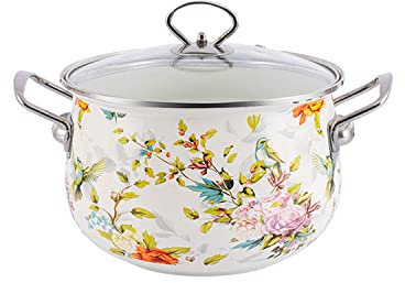 Großer Suppentopf aus Emaille, 5,5 Liter, Antihaft-Kochtopf mit Glasdeckel, Blumen-Emaille auf Stahl, Kochtopf mit Deckel, Vintage-Suppentopf mit Griffen – 5 Quart (Typ 2)