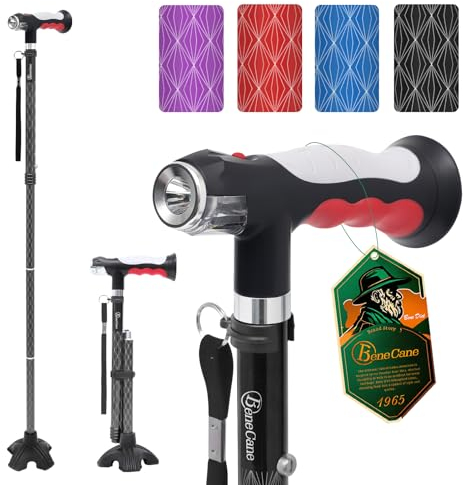BeneCane Gehstock mit Zwei LED-Leuchten für Männer und Frauen, höhenverstellbarer Spazierstock mit Stabiler Basis, zusammenklappbarer Stock mit T-Griff, leicht & stabil