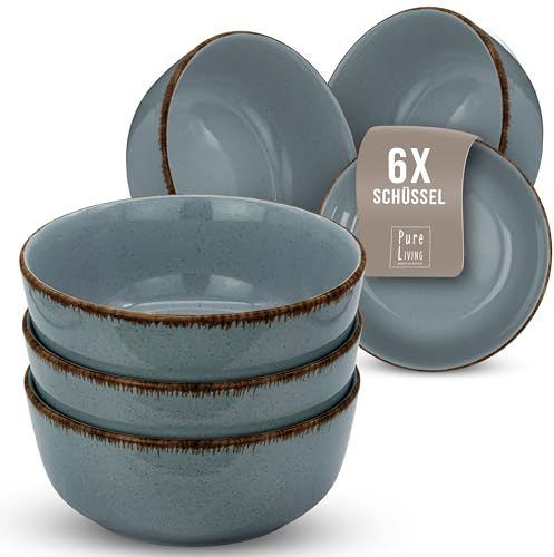 Vaisselle et Arts de la Table - Bols, Assiette Creuse - Ensemble de Services de Table, Bol Soupe Set 6 Bols à Müsli, Rustique en Grès - Pure Living en Bleu Fumé