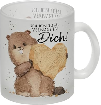 Biber Glas Tasse mit Spruch Ich bin total vernagt in dich Liebe Romantik Partner Valentinsgeschenk Nagetier Liebesbote Valentinstag
