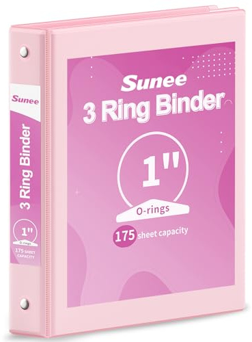 SUNEE 3 Ring Binder 1 Inch Pink 1 Pack, Holds 175 Sheets of Letter Paper, Clear View 1 Three Ring PVC-Free (Fit 8.5x11 Inches) for School or Office Supplies
