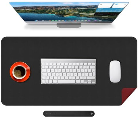 Mouse Mat Large Non-Slip Waterproof PU Leather Stitched Edges Mouse Pad for Desk Writing Home Office (Black+Red90, 90 * 40)