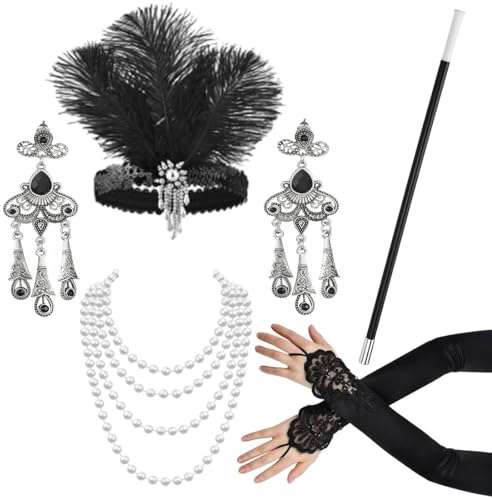 20er Jahre Accessoires, Gatsby Accessoires Damen Stirnband Perlenkette Ohrringe Lange Handschuhe Zigarettenspitz, 1920 Charleston Accessoires Halloween Kostüm Fasching Accessoires