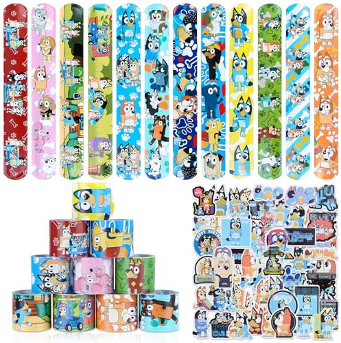62Pcs Mitgebsel Kindergeburtstag Blue-y Spielzeug Set mit 50 Dog Sticker Aufkleber 12 Schnapparmband für Geschenk Give Aways Kinder Geburtstag Deko Party Zubehör Jungen Mädchen SchüLerbelohnung