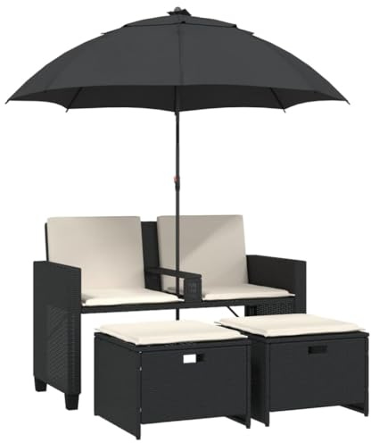 vidaXL Gartensofa 2-Sitzer Sonnenschirm und Hocker Schwarz Poly-Rattan