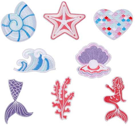 8St Bügelflicken für Kleidung, Ozean-Motiv Muschel Aufbügeln Bestickte Flicken Bestickte Applikation zum Aufnähen für Mädchen DIY Rucksäcke Hüte Jeans Jacken