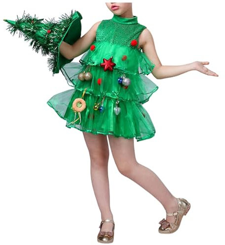 Weihnachtskleidung für Mädchen, Cosplay, süßes, bauschiges, ärmelloses Kleid, einfarbiges Kleid, 2-teiliges Leibchenkleid mit Weihnachtsbaummütze Bekleidungsset Baby Outfit Mädchen 92 Baby 3